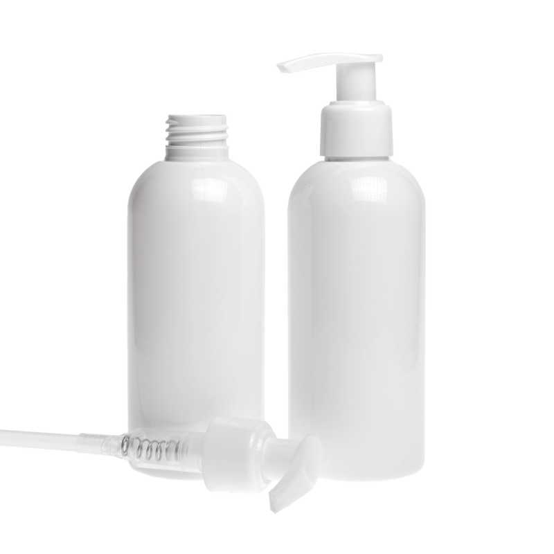 White plastic bottle made of PET with glossy surface.
Volume: 200 ml, total volume 220 mlBottle height: 133mmBottle diameter: 51 mmNeck: 24/410
The packaging 