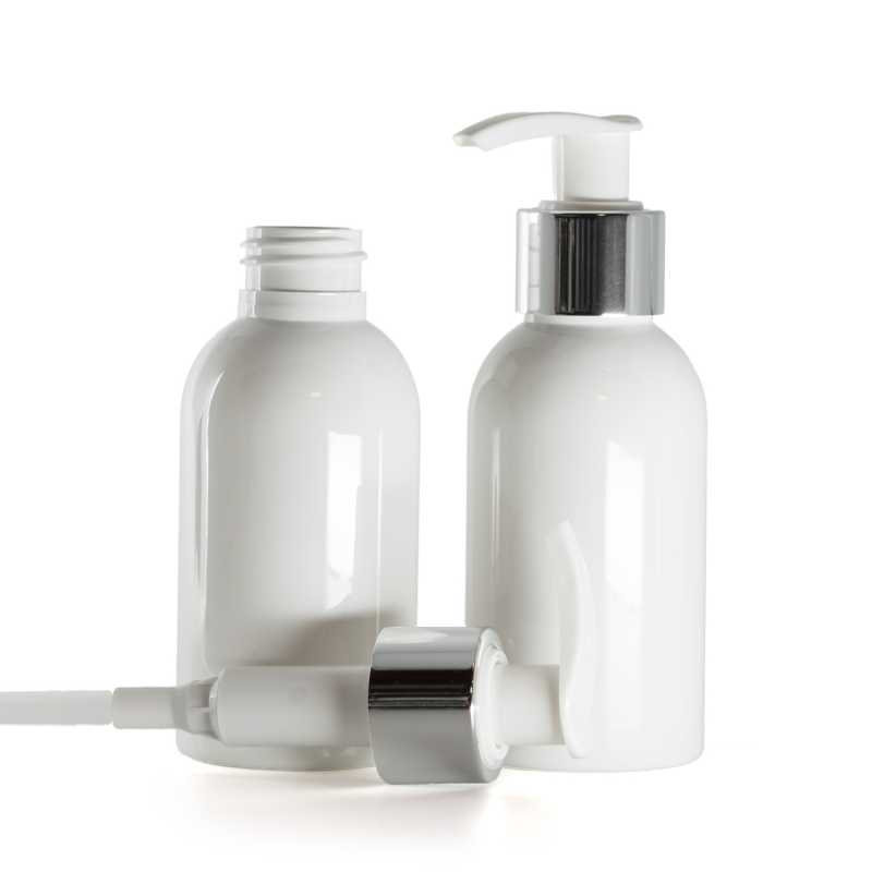 White Plastic Bottle, White Lotion Pump With Glossy Silver Collar, 100 ml