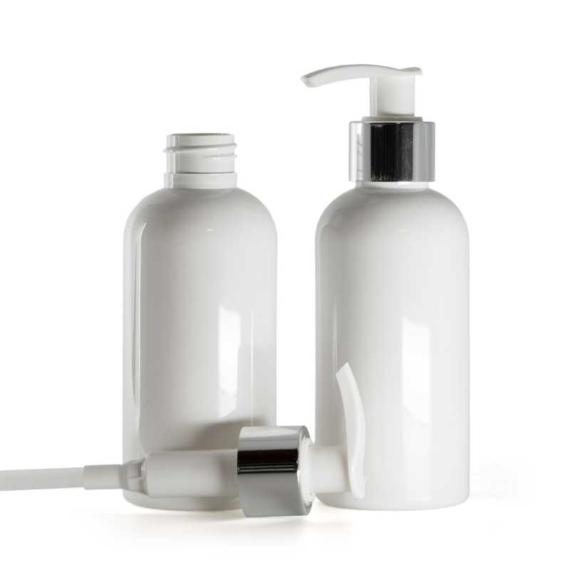 White Plastic Bottle, White Lotion Pump With Glossy Silver Collar, 150 ml