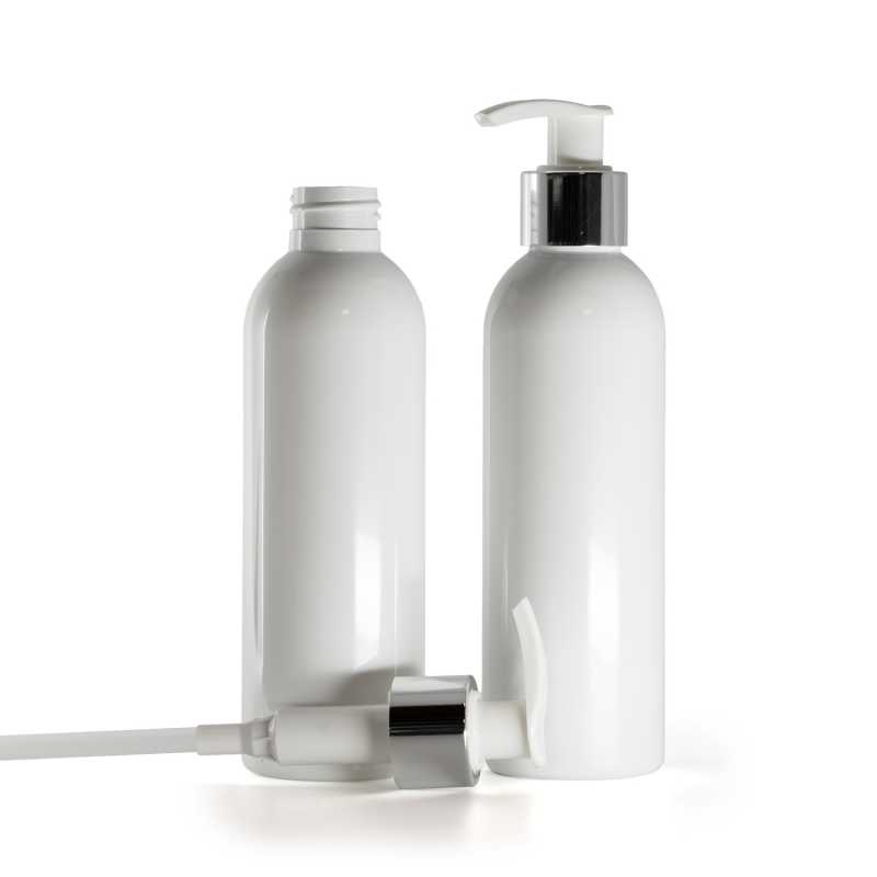 White Plastic Bottle, White Lotion Pump With Glossy Silver Collar, 200 ml