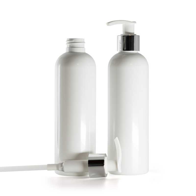 White Plastic Bottle, White Lotion Pump With Glossy Silver Collar, 250 ml