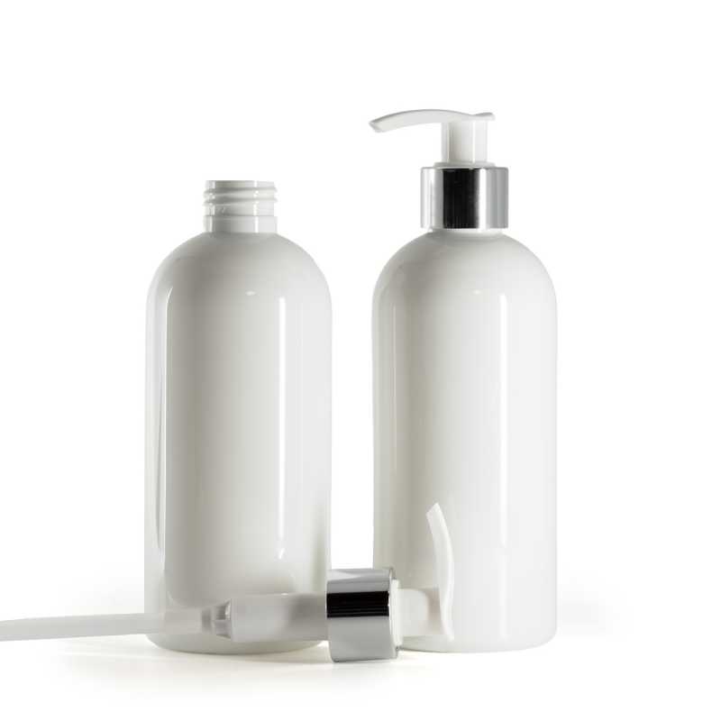 White Plastic Bottle, White Lotion Pump With Glossy Silver Collar, 300 ml