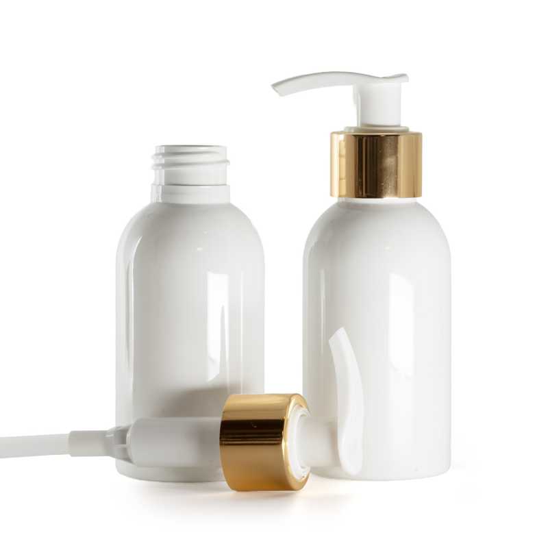 White Plastic Bottle, White Lotion Pump With Glossy Gold Collar, 100 ml