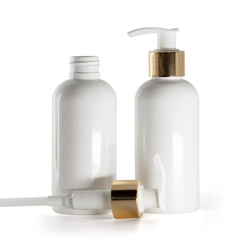 White Plastic Bottle, White Lotion Pump With Glossy Gold Collar, 150 ml