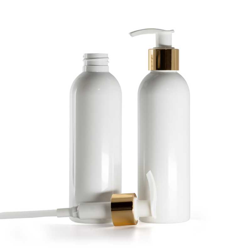 White Plastic Bottle, White Lotion Pump With Glossy Gold Collar, 200 ml