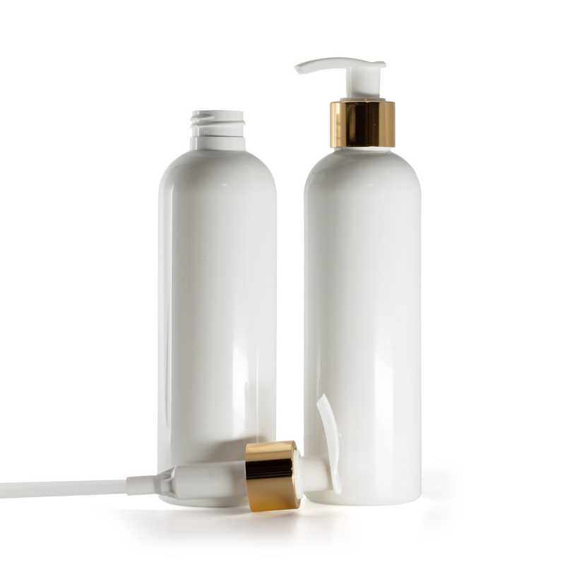 White Plastic Bottle, White Lotion Pump With Glossy Gold Collar, 250 ml