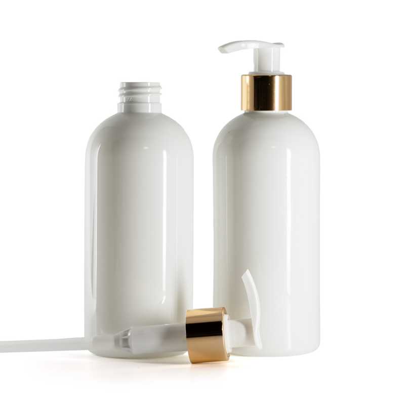 White Plastic Bottle, White Lotion Pump With Glossy Gold Collar, 300 ml