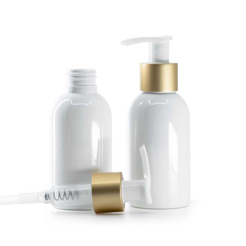 White Plastic Bottle, White Lotion Pump With Matte Gold Collar, 100 ml