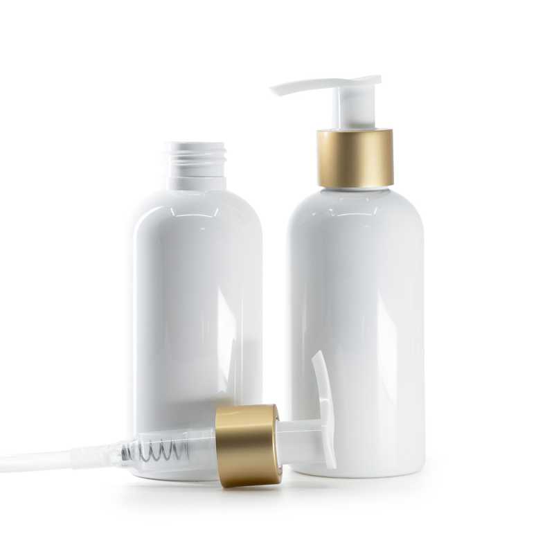 White Plastic Bottle, White Lotion Pump With Matte Gold Collar, 150 ml
