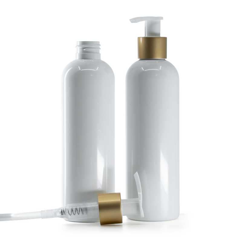 White Plastic Bottle, White Lotion Pump With Matte Gold Collar, 250 ml