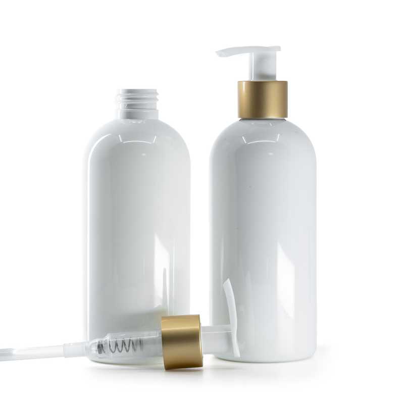 White Plastic Bottle, White Lotion Pump With Matte Gold Collar, 300 ml