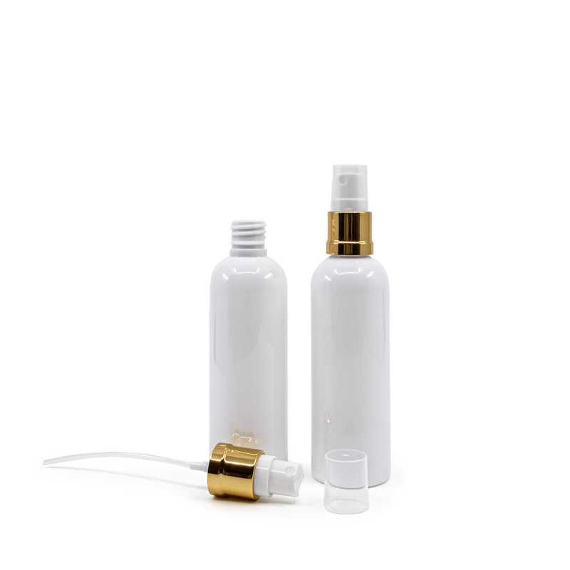 White plastic bottle made of PET with glossy surface.
Volume: 100 ml, total volume 117 mlBottle height: 122 mmBottle diameter: 38 mmNeck: 18/410
The packaging