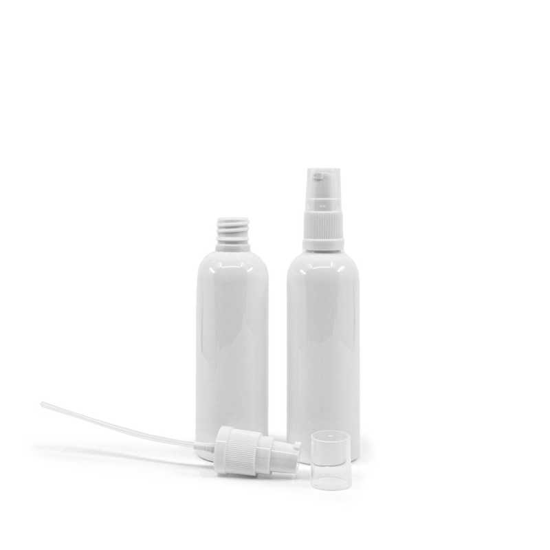 White plastic bottle made of PET with glossy surface.
Volume: 100 ml, total volume 117 mlBottle height: 122 mmBottle diameter: 38 mmNeck: 18/410
The packaging