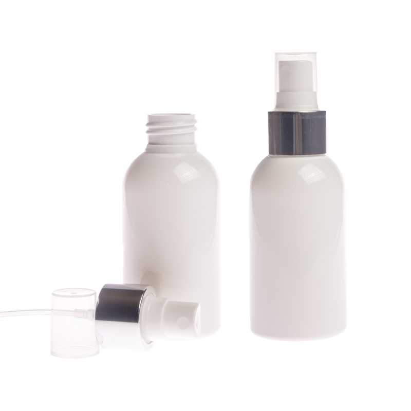 White plastic bottle made of PET with glossy surface.
Volume: 100 ml, total volume 117 mlBottle height: 99 mmBottle diameter: 44 mmNeck: 24/410
The packaging 