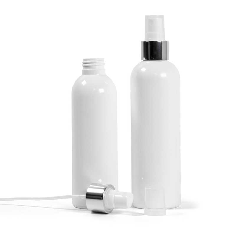 White Plastic Bottle, White Spray With Glossy Silver Collar, 250 ml