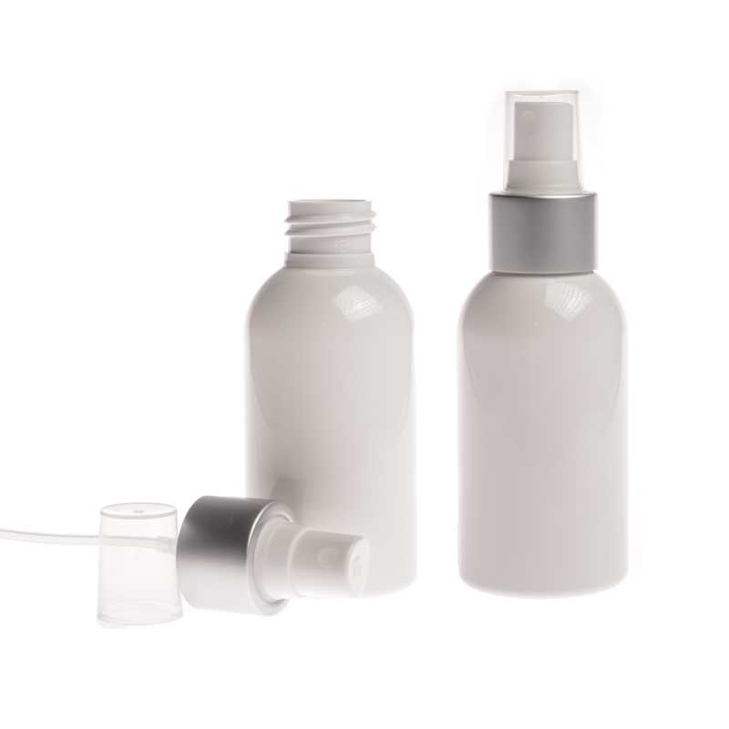 White plastic bottle made of PET with glossy surface.
Volume: 100 ml, total volume 117 mlBottle height: 99 mmBottle diameter: 44 mmNeck: 24/410
The packaging 