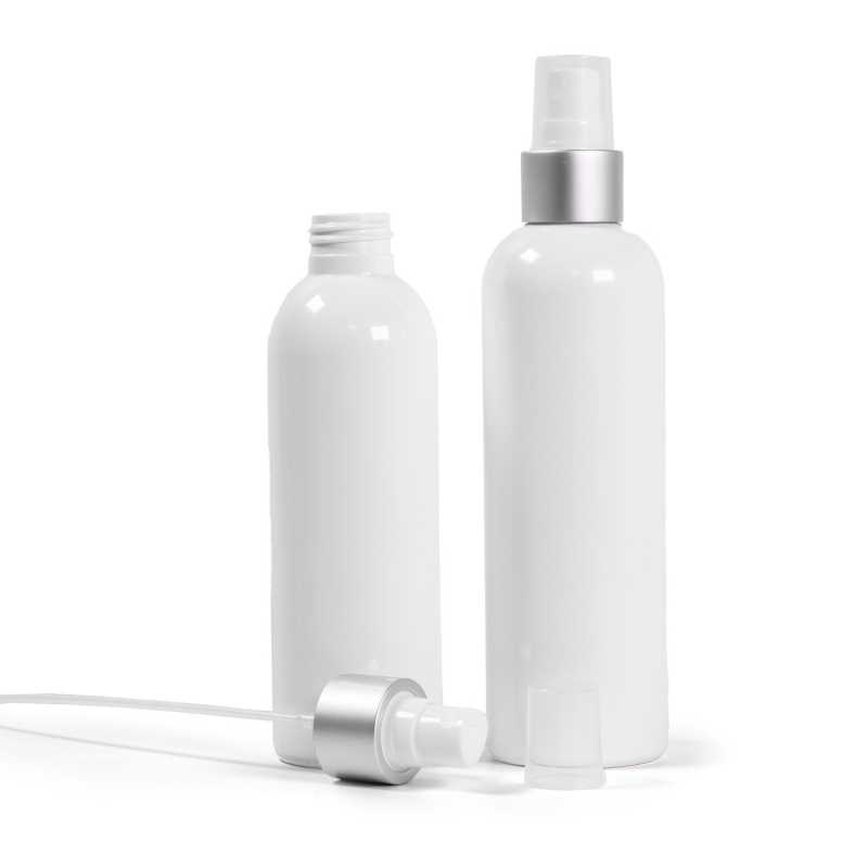 White Plastic Bottle, White Spray with Matte Silver Collar, 250 ml