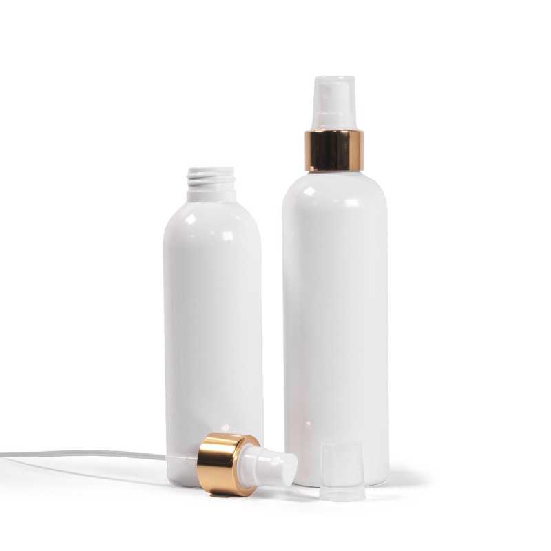 White Plastic Bottle, White Spray With Glossy Gold Collar, 250 ml