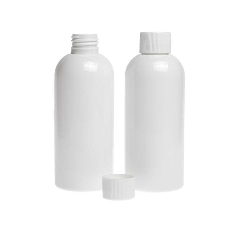 White plastic bottle made of PET with glossy surface.
Volume: 200 ml, total volume 220 mlBottle height: 133mmBottle diameter: 51 mmNeck: 24/410
The packaging 