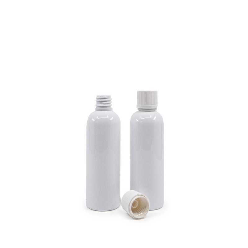 White plastic bottle made of PET with glossy surface.
Volume: 100 ml, total volume 117 mlBottle height: 122 mmBottle diameter: 38 mmNeck: 18/410
The packaging