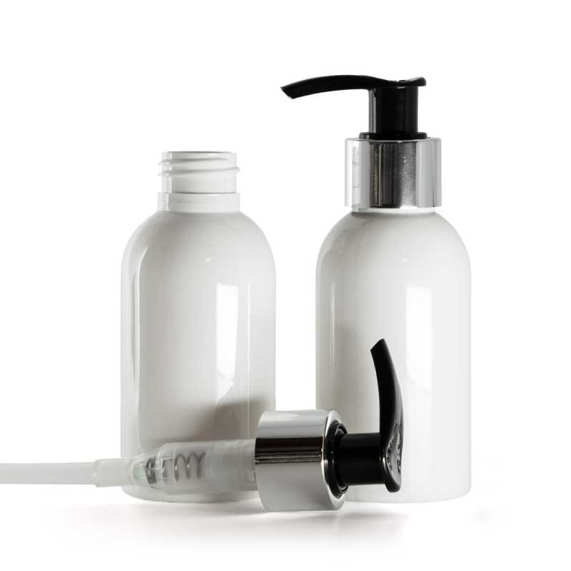 White Plastic Bottle, Black Lotion Pump With Glossy Silver Collar, 100 ml