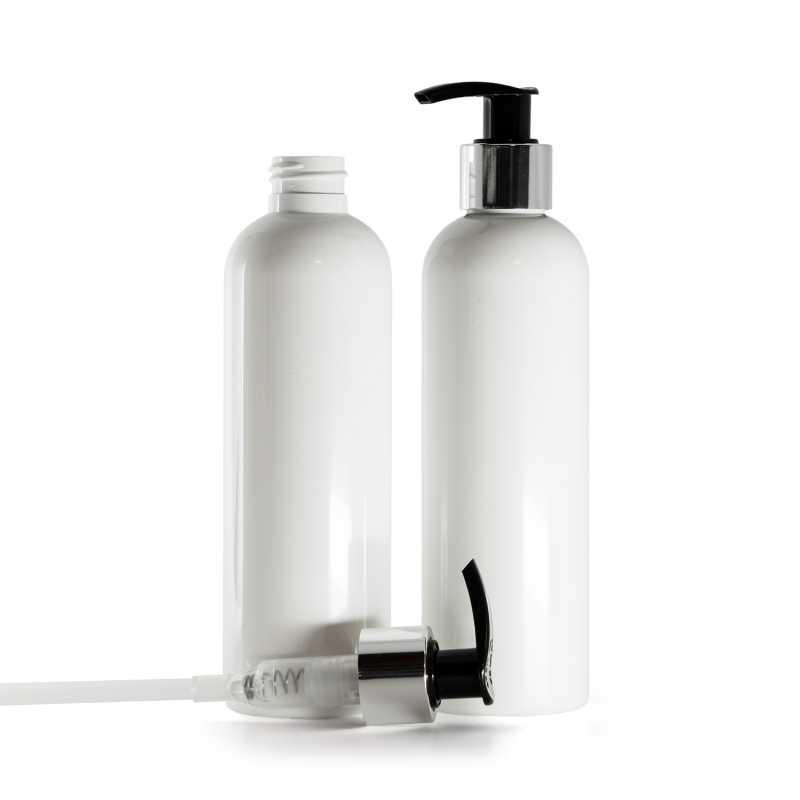 White Plastic Bottle, Black Lotion Pump With Glossy Silver Collar, 250 ml