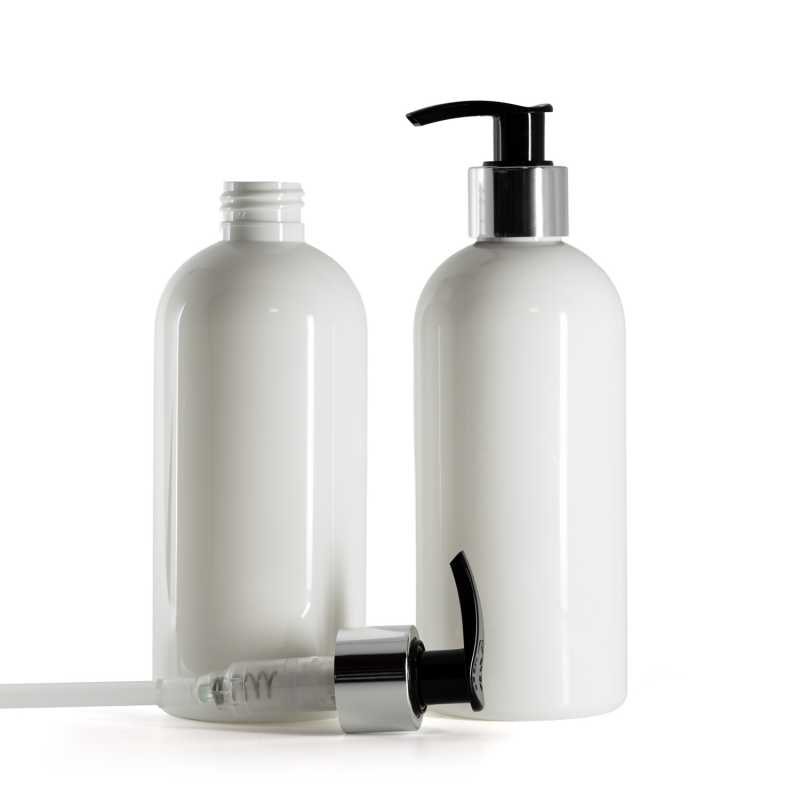 White Plastic Bottle, Black Lotion Pump With Glossy Silver Collar, 300 ml