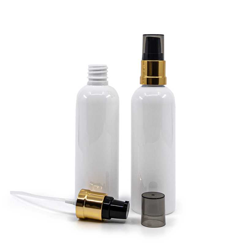 White Plastic Bottle, 18/410, Glossy Golden Black Pump with Smoky Overcap, 100 ml