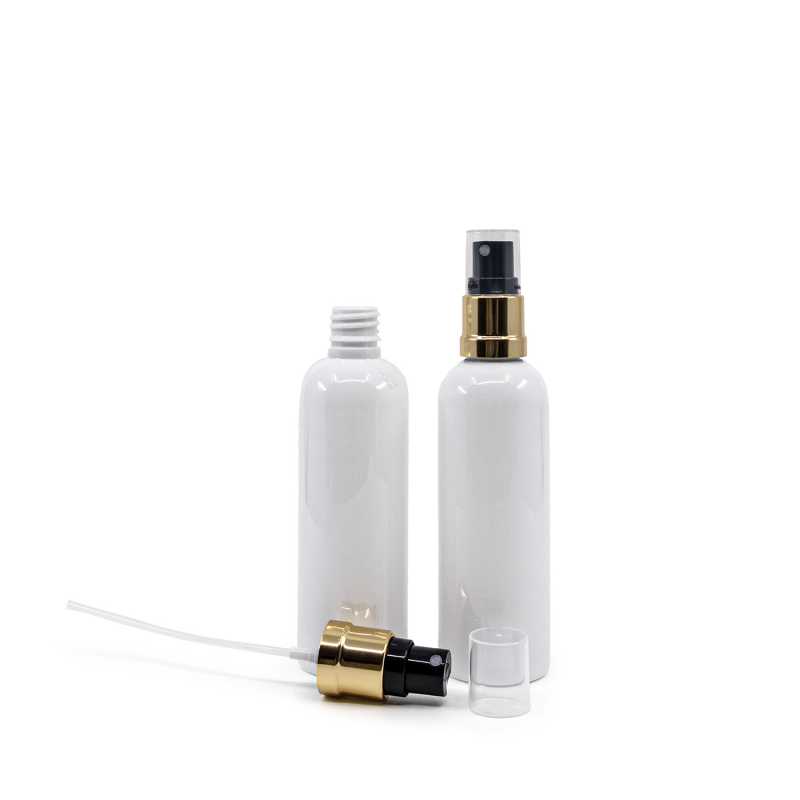 White plastic bottle made of PET with glossy surface.
Volume: 100 ml, total volume 117 mlBottle height: 122 mmBottle diameter: 38 mmNeck: 18/410
The packaging