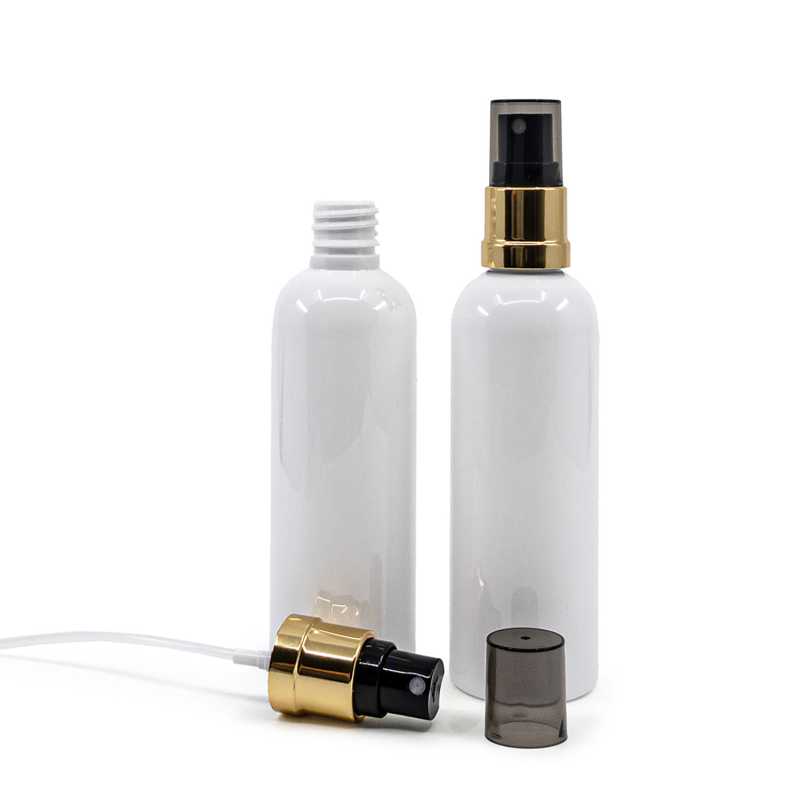 White Plastic Bottle, 18/410, Gold Black Spray, Smoky Overcap, 100 ml