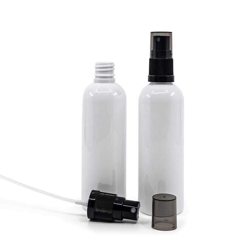 White Plastic Bottle, 18/410, Black Fine Mist Sprayer, Smoky Overcap, 100 ml