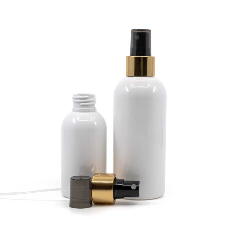 White plastic bottle made of PET with glossy surface.
Volume: 100 ml, total volume 117 mlBottle height: 99 mmBottle diameter: 44 mmNeck: 24/410
The packaging 