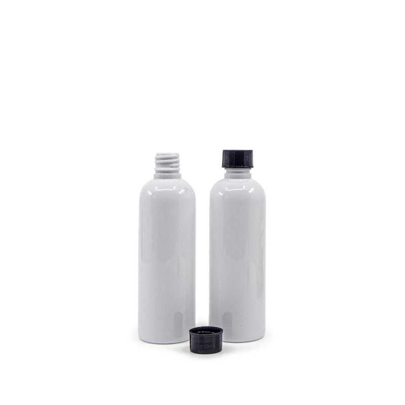 White plastic bottle made of PET with glossy surface.
Volume: 100 ml, total volume 117 mlBottle height: 122 mmBottle diameter: 38 mmNeck: 18/410
The packaging