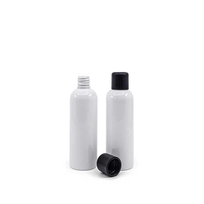 White plastic bottle made of PET with glossy surface.
Volume: 100 ml, total volume 117 mlBottle height: 122 mmBottle diameter: 38 mmNeck: 18/410
The packaging