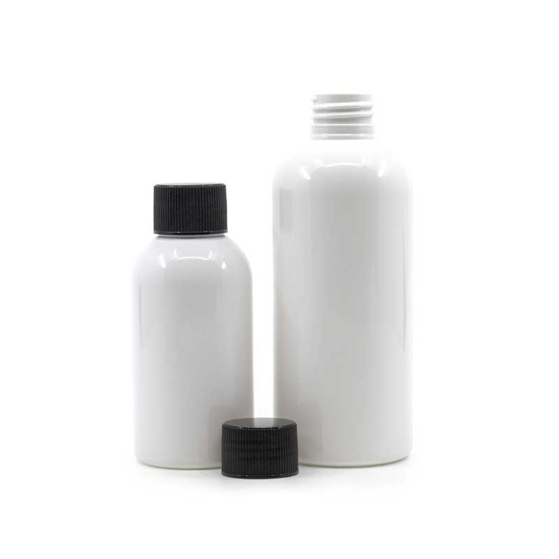 White plastic bottle made of PET with glossy surface.
Volume: 200 ml, total volume 220 mlBottle height: 133mmBottle diameter: 51 mmNeck: 24/410
The packaging 