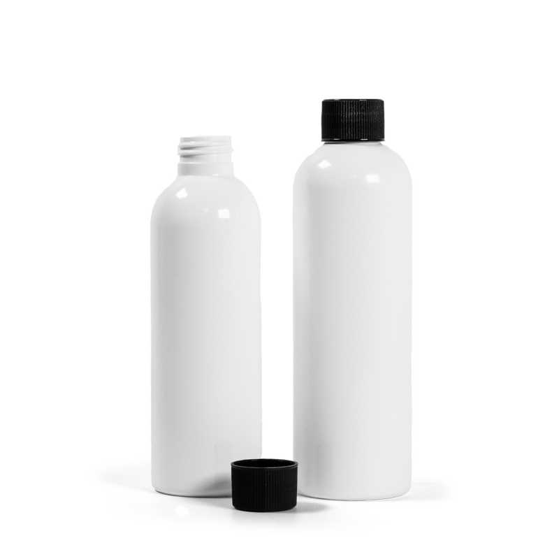 White Plastic Bottle, Blak Ribbed Cap, 250 ml