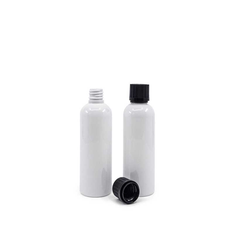 White plastic bottle made of PET with glossy surface.
Volume: 100 ml, total volume 117 mlBottle height: 122 mmBottle diameter: 38 mmNeck: 18/410
The packaging