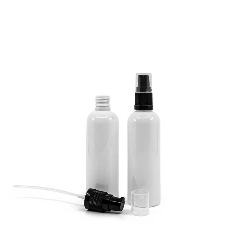 White plastic bottle made of PET with glossy surface.
Volume: 100 ml, total volume 117 mlBottle height: 122 mmBottle diameter: 38 mmNeck: 18/410
The packaging