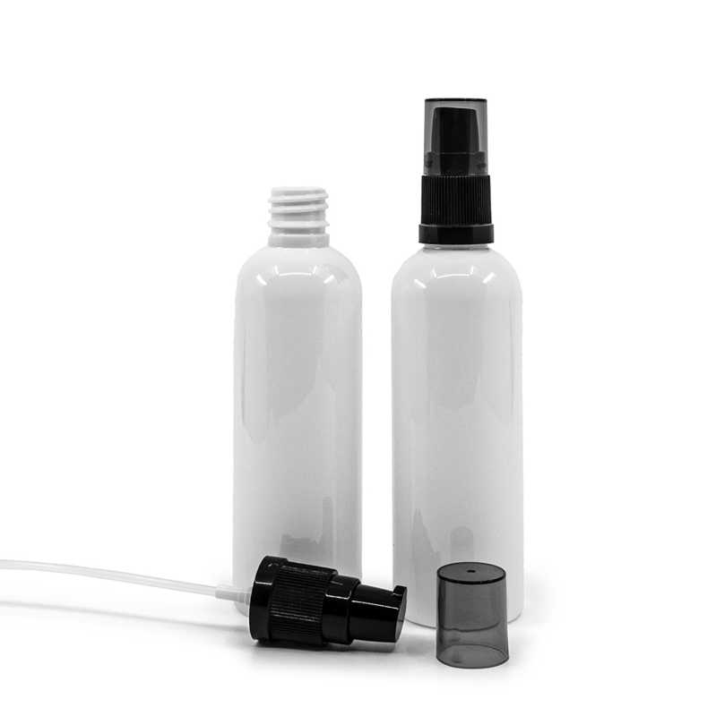 White Plastic Bottle, 18/410, Black Lotion Pump with Smoky Overcap, 100 ml