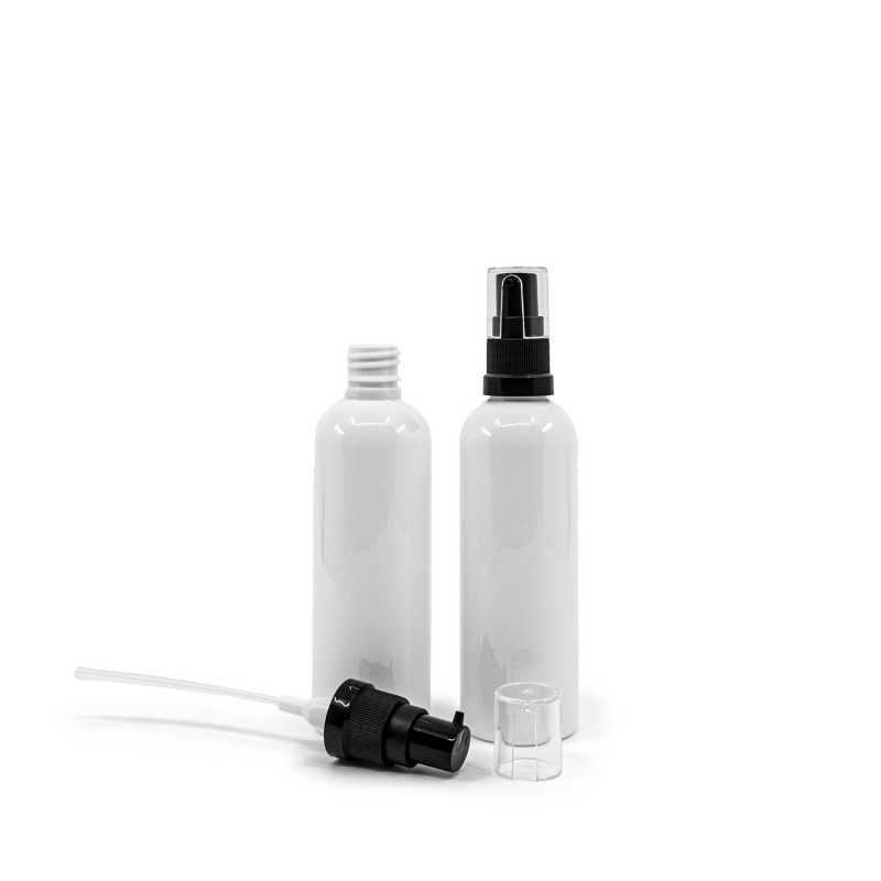 White plastic bottle made of PET with glossy surface.
Volume: 100 ml, total volume 117 mlBottle height: 122 mmBottle diameter: 38 mmNeck: 18/410
The packaging