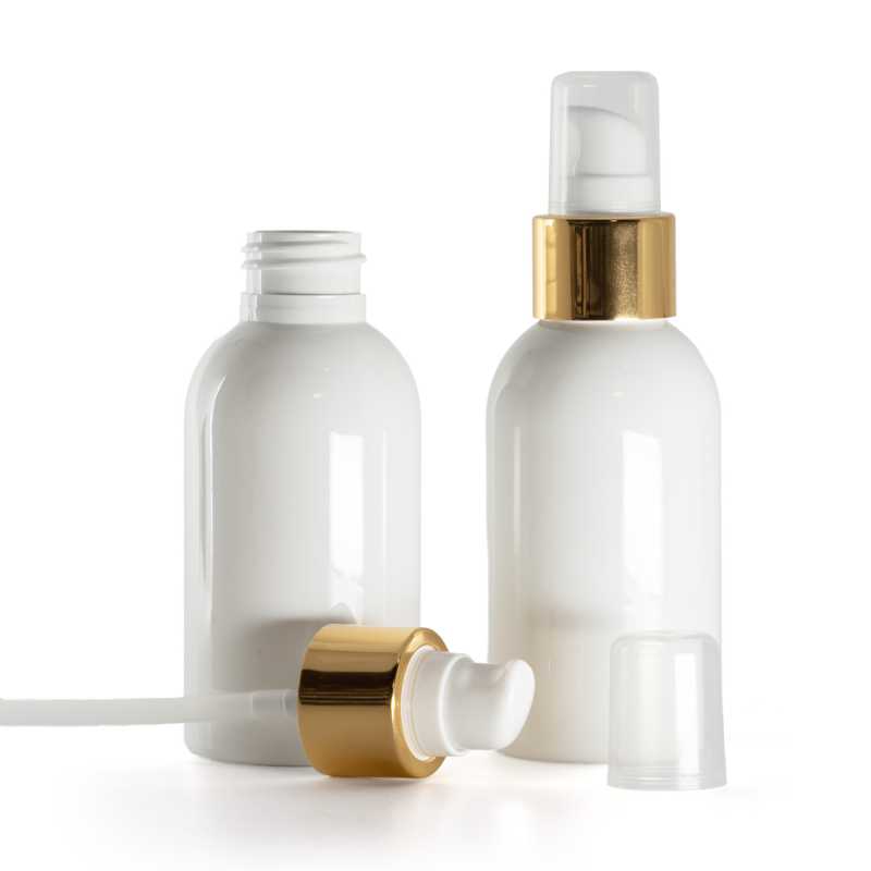 White Plastic Bottle, White Lotion Pump With Overcap, Glossy Gold, 100 ml