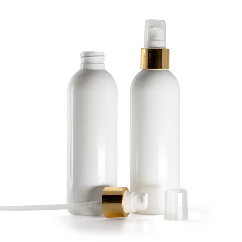 White Plastic Bottle, White Lotion Pump With Overcap, Glossy Gold, 200 ml