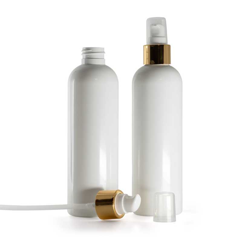 White Plastic Bottle, White Lotion Pump With Overcap, Glossy Gold, 250 ml