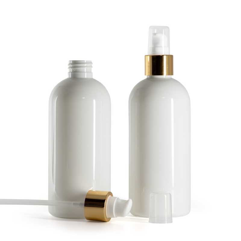 White Plastic Bottle, White Lotion Pump With Overcap, Glossy Gold, 300 ml