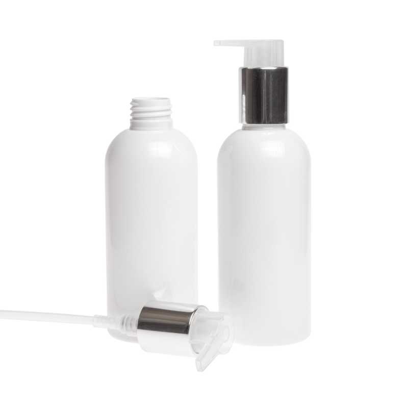 White plastic bottle made of PET with glossy surface.
Volume: 200 ml, total volume 220 mlBottle height: 133mmBottle diameter: 51 mmNeck: 24/410
The packaging 