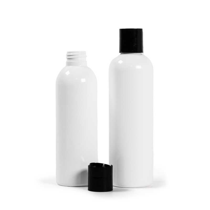 White Plastic Bottle, Black Disc Top, 250 ml