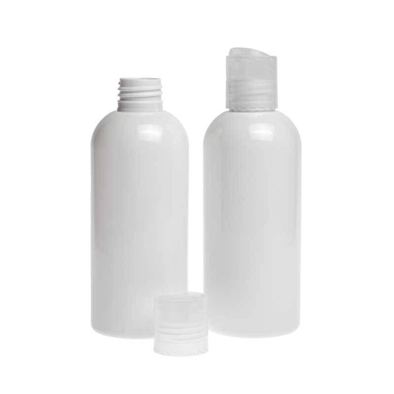 White plastic bottle made of PET with glossy surface.
Volume: 200 ml, total volume 220 mlBottle height: 133mmBottle diameter: 51 mmNeck: 24/410
The packaging 