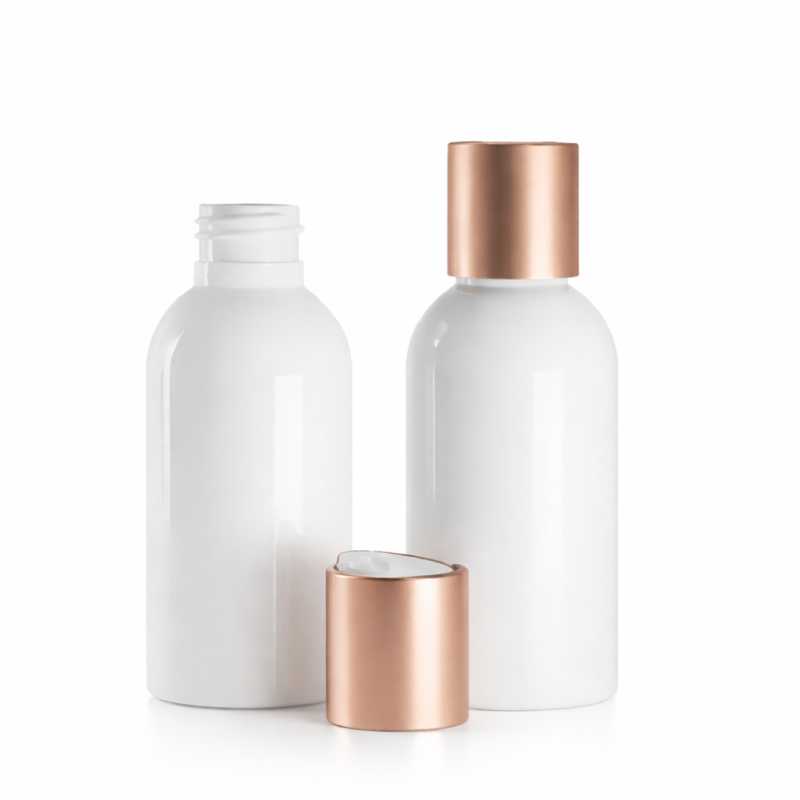 White Plastic Bottle, White Plastic Disc Top with Matte Rose Gold Aluminium Collar, 150 ml