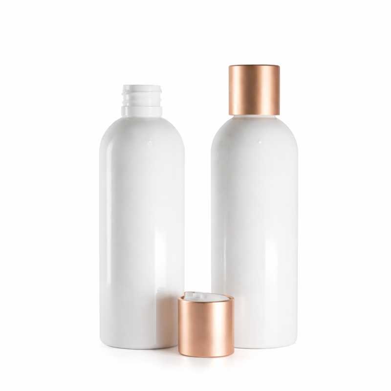 White Plastic Bottle, White Plastic Disc Top with Matte Rose Gold Aluminium Collar, 250 ml