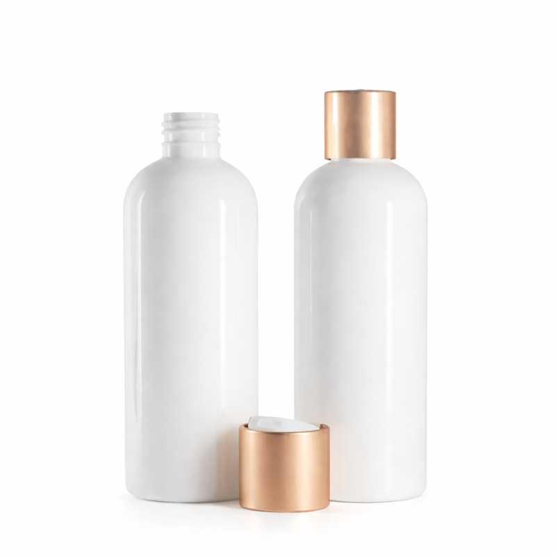 White Plastic Bottle, White Plastic Disc Top with Matte Rose Gold Aluminium Collar, 300 ml